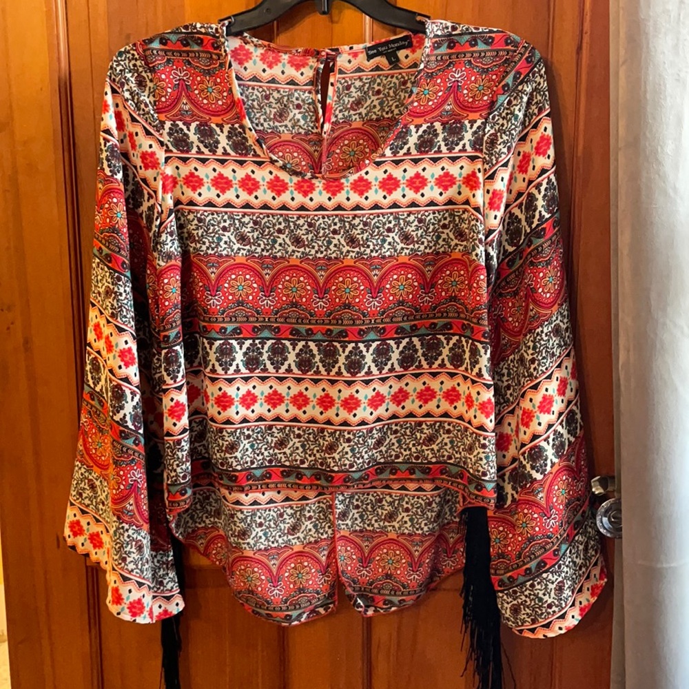 See you Monday orange black fringe retro top large